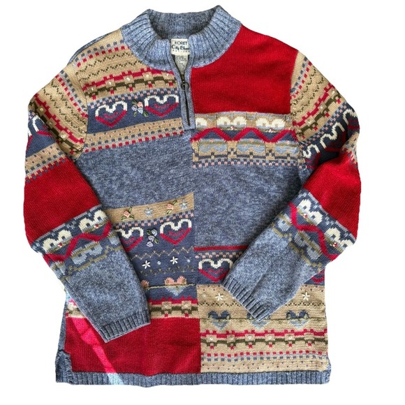 Koret Sweaters - Koret City Blue VTG Patchwork Knit Sweater Heart Floral Embroidery Womens Sz M